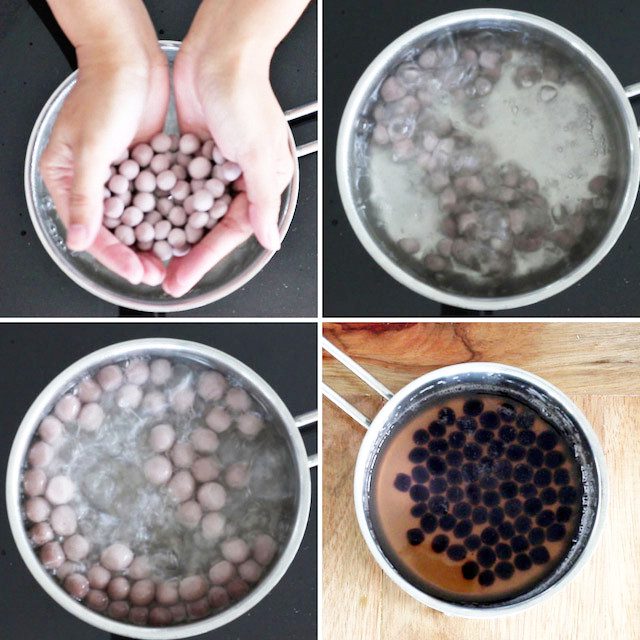 Nấu trân châu đường đen bằng cách cho trân châu vào luộc với nước đường